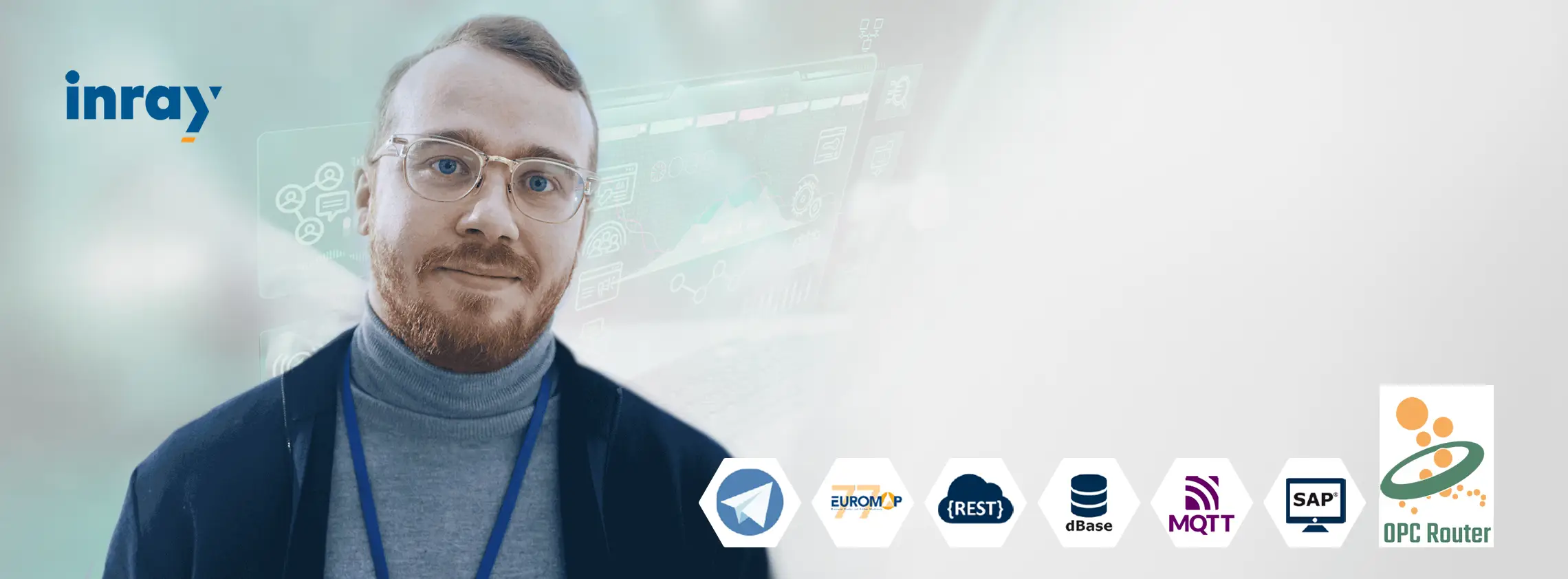 Engineer or IT manager representing OPC Router software by inray, enabling seamless industrial data integration between machines, databases, and IT systems. Logos include OPC Router, SAP, MQTT, Open Database Connectivity, REST API, Euromap77, SAP.