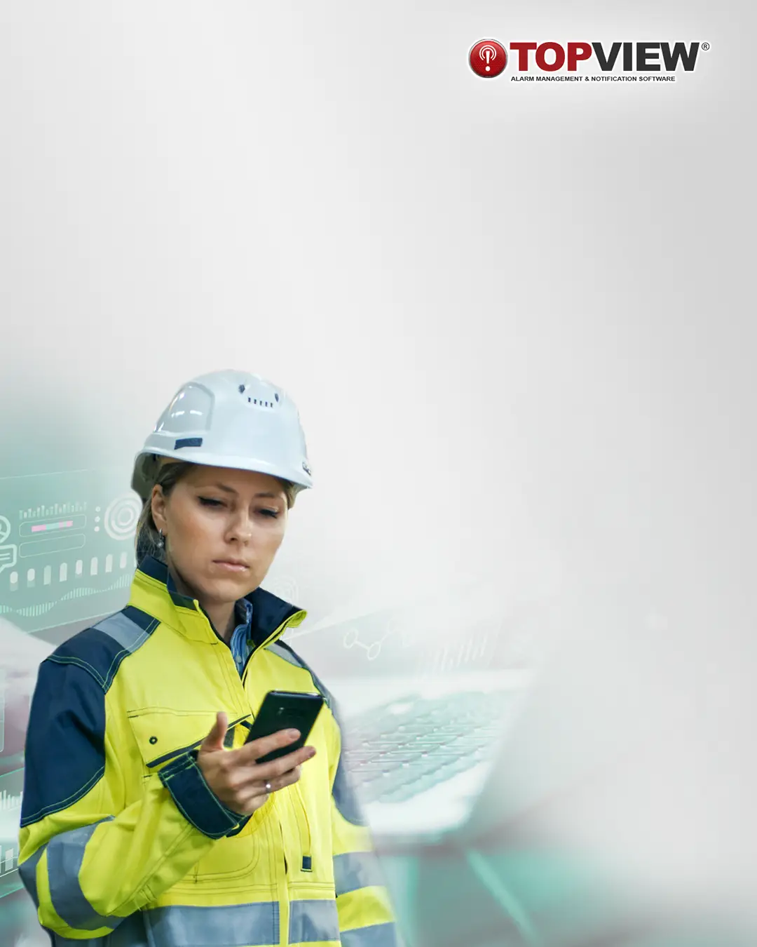 Female Engineer using TopView alarm management and notification software to monitor industrial processes and system performance.