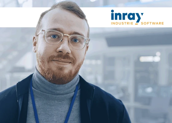 OPC Router Software image with inray logo with IT person standing in factory illustrating industrial software enabling data exchange between PLCs, ERP, MES, and cloud systems.