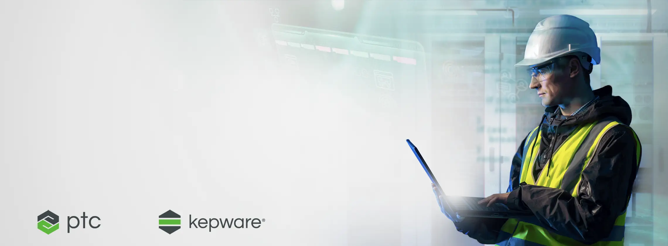 Engineer using Kepware on laptop for industrial connectivity software by PTC to enable reliable OT to IT data integration in an industrial setting.