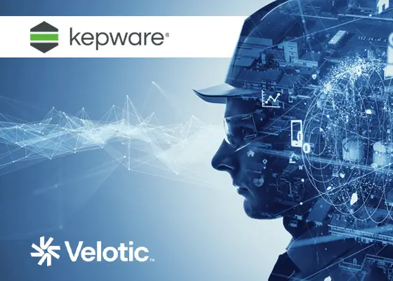 Kepware industrial connectivity software by Velotic, showing OT worker silhouette with graphics representing IIoT and system integration.